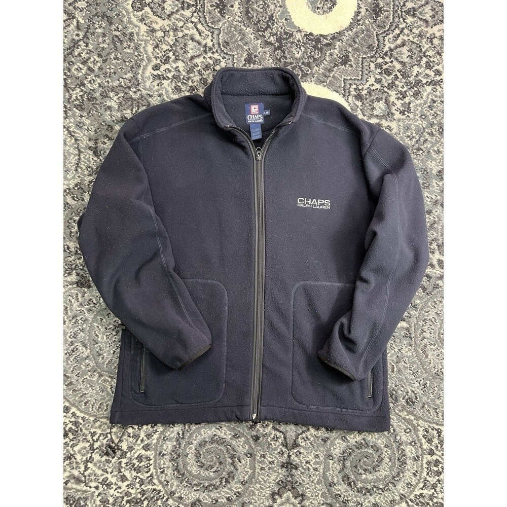 Chaps Ralph Lauren VTG Mens Large Fleece Jacket Navy Blue Spellout Full Zip